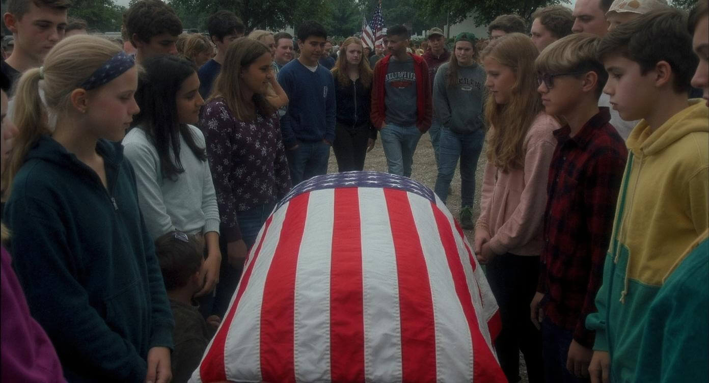 Children surround casket draped in US flag